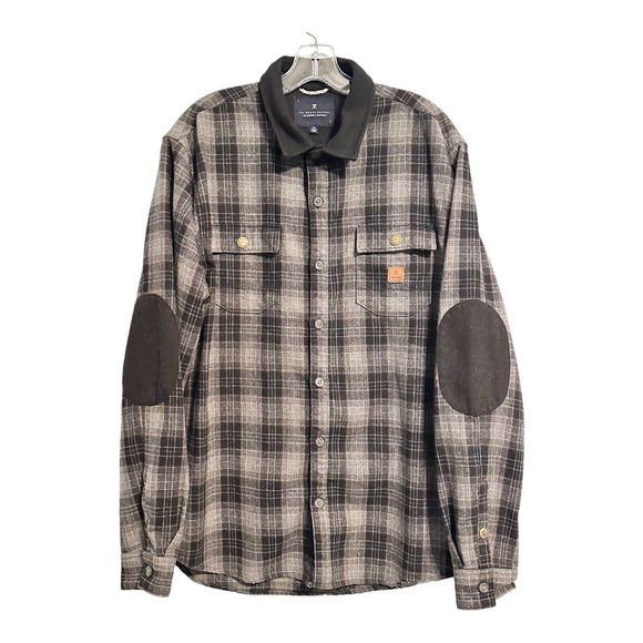 Roark Revival Flannel Shirt Mens XL Black Gray Plaid Wool Blend Elbow Patches - Picture 1 of 9
